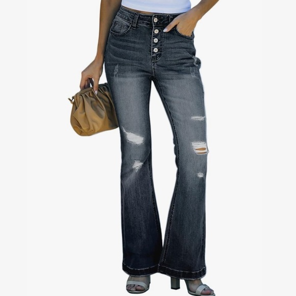 Women’s Retro High Rise Button-Fly Slim Leg Flare Distressed Faded Black Jeans - Picture 1 of 8